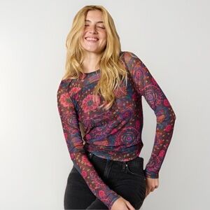 NATURAL LIFE Sloane Mesh Boho Top NWT Long Sleeve Floral Pink Multi Size Large